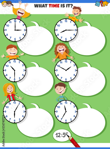 telling time educational task with happy children