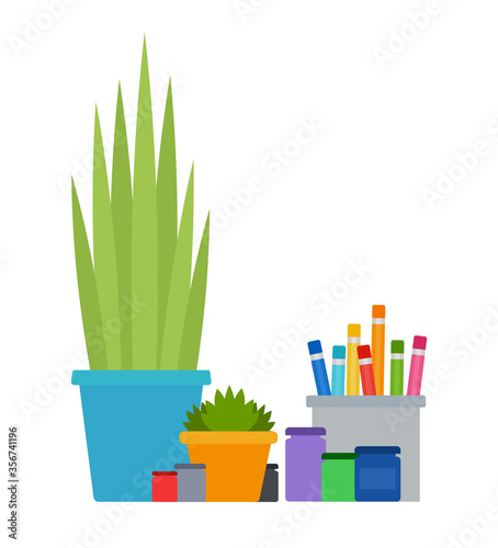 Flowers in pots, paints and pencils vector flat isolated