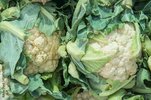 Two heads of cauliflower in a market