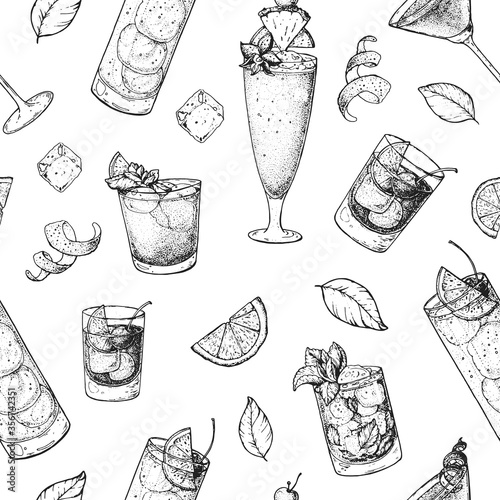 Cocktails hand drawn seamless pattern. Vector illustration. Alcoholic cocktails sketch set. Engraved style. Design template for bar.