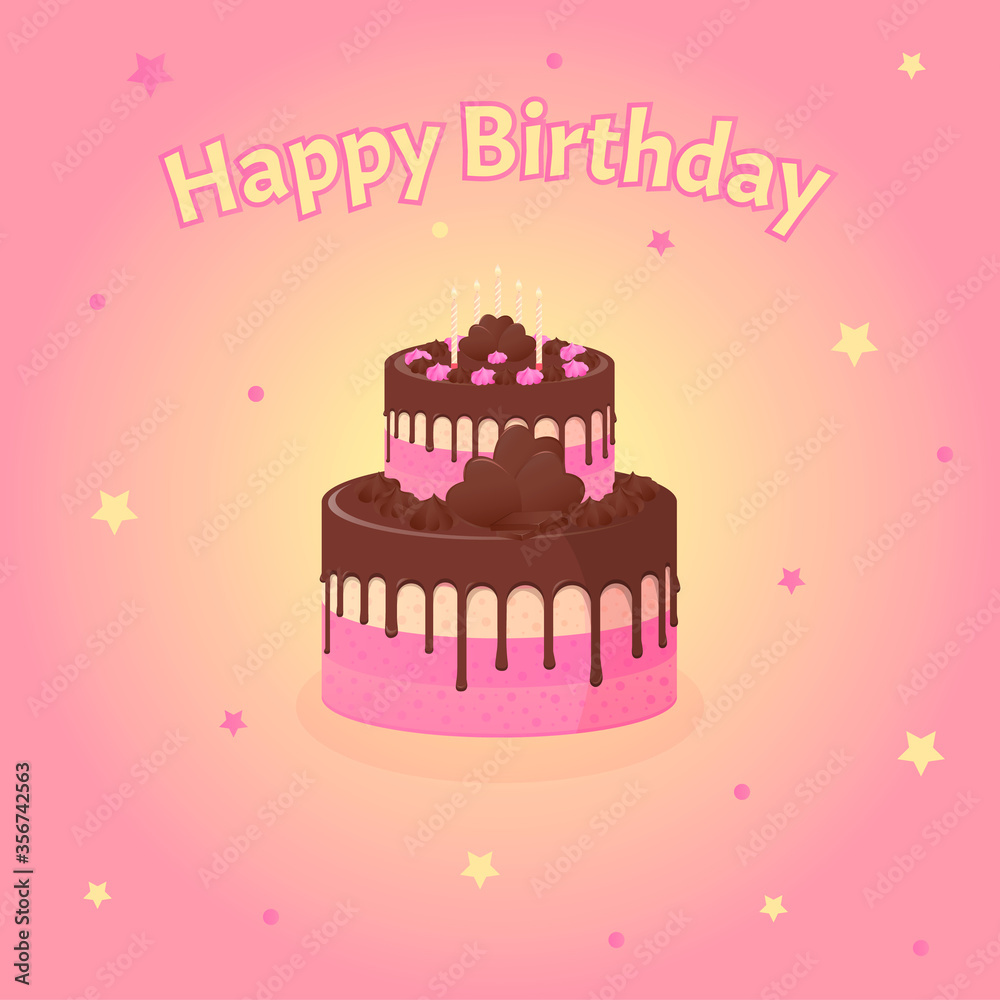 Beautiful birthday cake with candles. Pink-yellow background. Vector illustration. Beautiful birthday cake with candles. Pink-yellow background. Vector illustration.