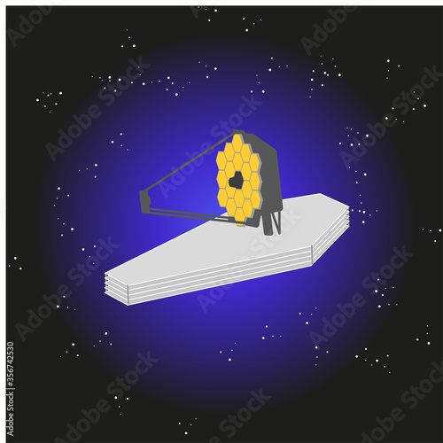The James Webb telescope, a space-based infrared Observatory against the cosmic sky. Simplified style. Vector isolated image.
