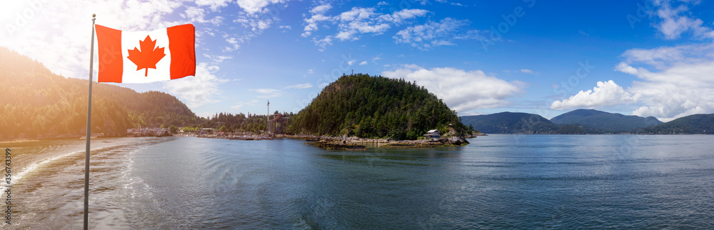 Obraz premium Canadian National Flag Composite. Horseshoe Bay, West Vancouver, British Columbia, Canada. Beautiful Panoramic View of Ferry Terminal in the City and Beautiful Nature during a sunny day.