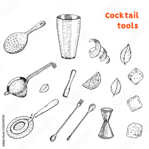 Bartending tools hand drawn sketch. Cocktail tools vector illustration. Engraved collection. Bar design elements.