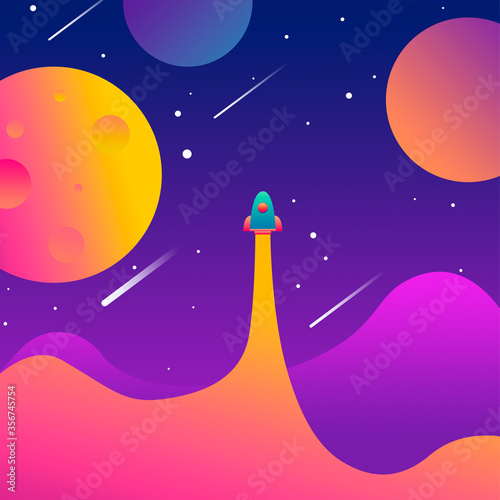 Vector illustration on the theme of space. Outer space, flying rocket, in the style of a cartoon. Bright colors.