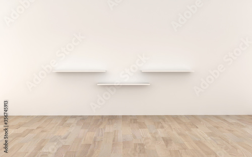 3D rendered empty room with white wall and three shelves on the wall. Room has wooden floor.