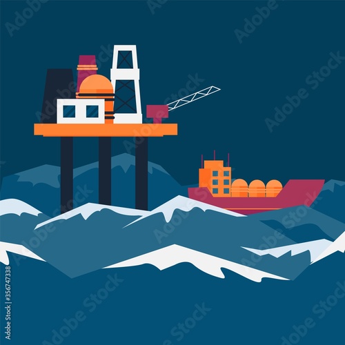 Oil station for extraction natural elements in sea, ocean vector illustration. In waves pond ship on which oil delivered banner. Work in elements, special construction over cartoon water.