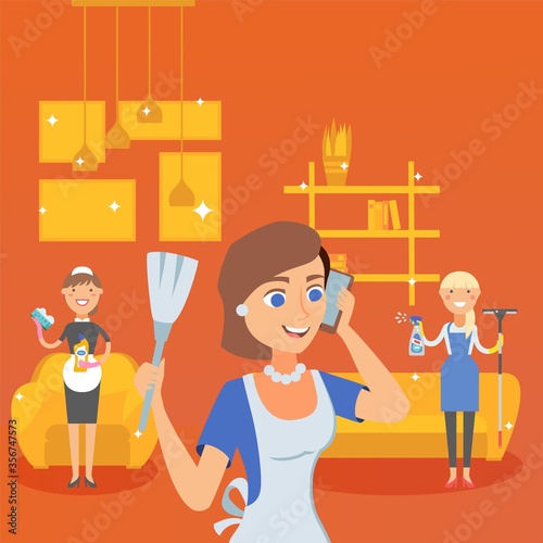 People talking, call home cleaning service vector illustration. Housewife telephoning cleaning company. Workers, character maid in uniform clean house, wash surfaces rooms to shine.