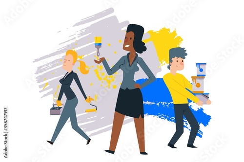 Repair stuff, painters team paint wall with trendy colors vector illustration. Man, woman hold brush and roller in hand. Worker character carries paint buckets, material for room design. © Vectorvstocker