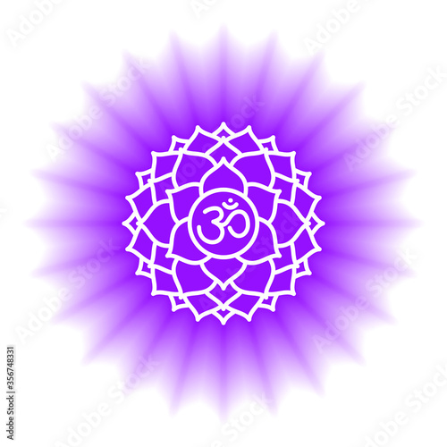 Sahasrara icon. The seventh crown, parietal chakra. Vector purple gloss and shine. Line symbol. Sacral sign. Meditation