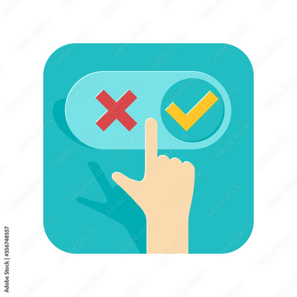 Making decision concept - right or wrong option choosing icon - hand and switcher with check (yes) and cross (no) marks - isolated vector element Making decision concept - right or wrong option choosing icon - hand and switcher with check (yes) and cross (no) marks - isolated vector element