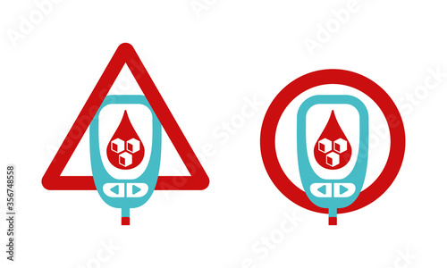 Stop Diabetes and anti-diabetic icons - blood sugar testing device with dangerous glucose lever on a screen - vector healthcare sign