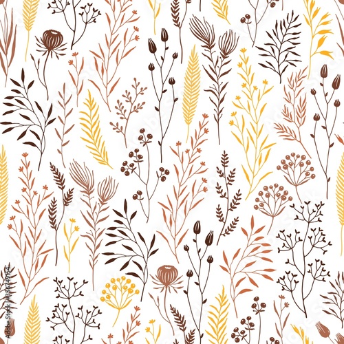 Floral seamless pattern with hand drawn branches, leaves and wildflowers yellow and brown colors. Vector abstract plants on white background in vintage style.