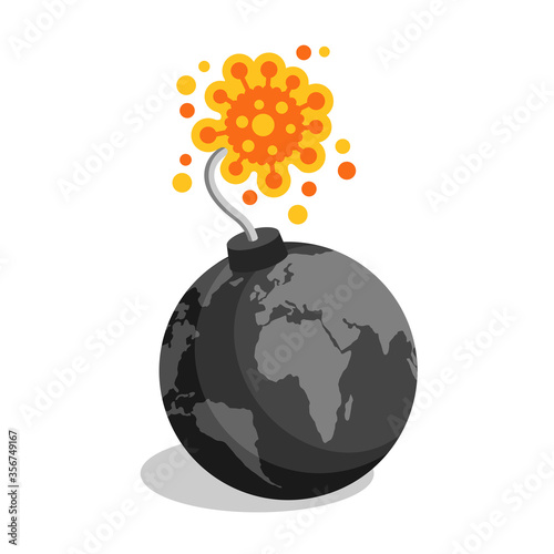 Global crisis caused by coronavirus infection (covid-19 pandemic) - earth globe in bomb shape with virus as a litwick spark - isolated vector concept photo