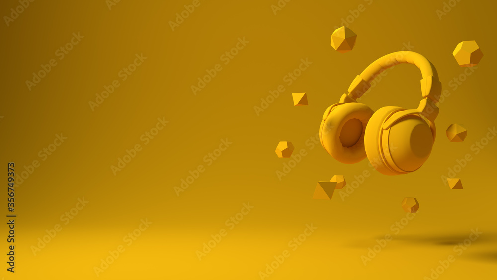 3d illustration 3d render of headphones music sound effect earphones earplugs podcast video animation notes fly in air cable wire listen hear melody instrument live play pause sing background copy 