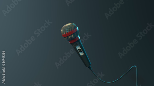 3d illustration or a 3d render of  music sound effect microphone mic singing song  dance video animation notes fly in air cable wire listen hear melody instrument live play pause sing background copy 