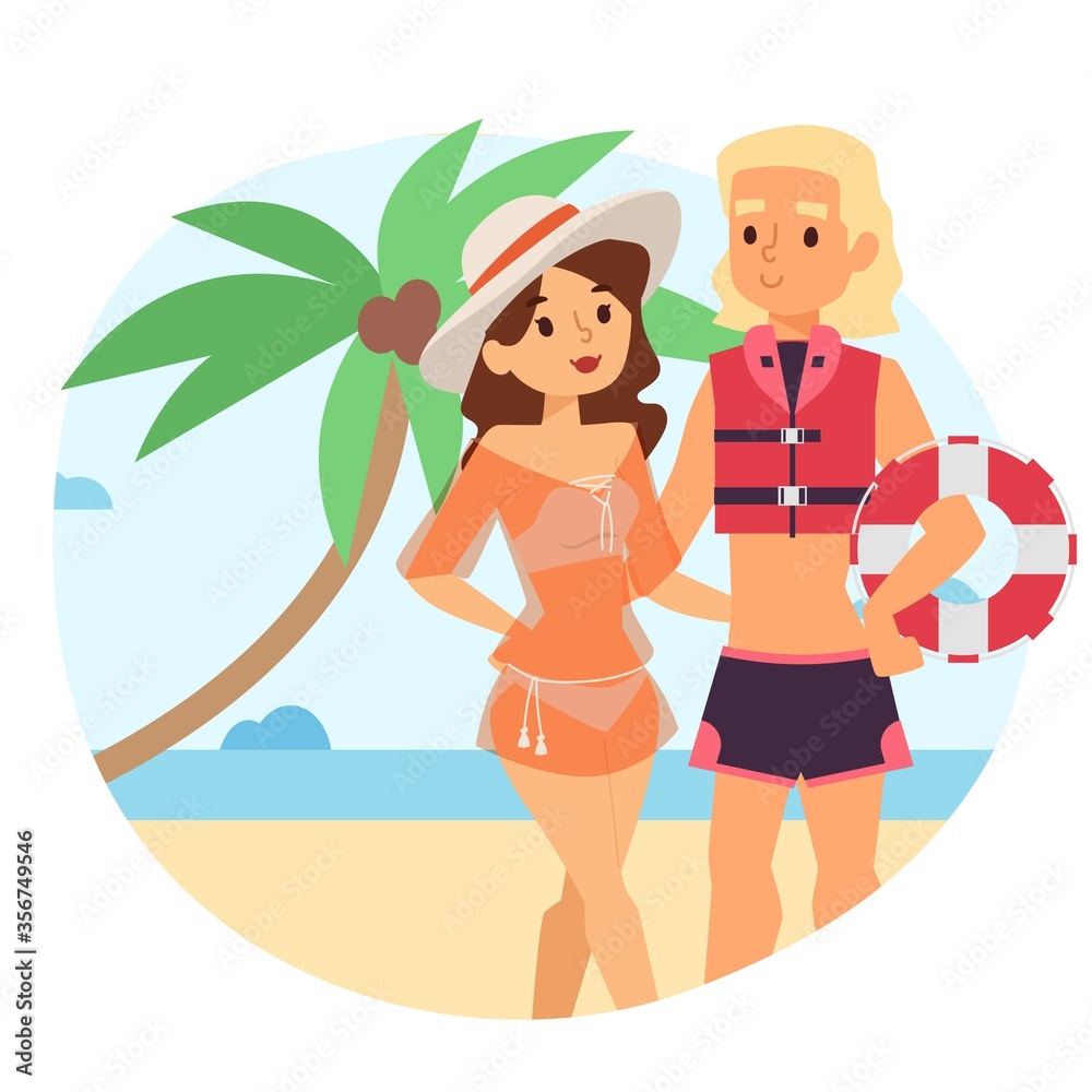 Resting woman near beach lifeguard character for safe sea activities result, vector illustration. Beach visitor observation work, assistance. Safe vacation at cartoon tropical resort. Resting woman near beach lifeguard character for safe sea activities result, vector illustration. Beach visitor observation work, assistance. Safe vacation at cartoon tropical resort.