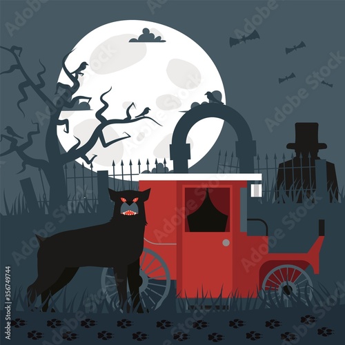Sherlock Baskervilles dog hound result, vector illustration. Terrible big dog standing by keb, its owner criminal man in top hat standing behind fence. Investigation outside city, night searches.