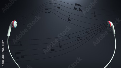 3d illustration 3d render of headphones music sound effect earphones earplugs podcast video animation notes fly in air cable wire listen hear melody instrument live play pause sing background copy 