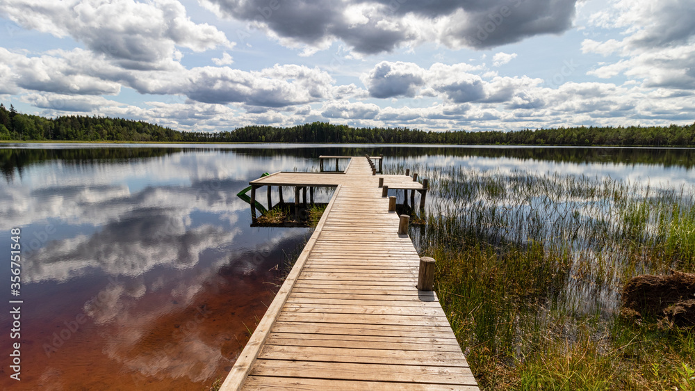 Landscape with a swamp lake and with a wooden footbridge. Beautiful clouds and the surrounding forest were reflected in dark water. Latvia. Lake Ratnieku