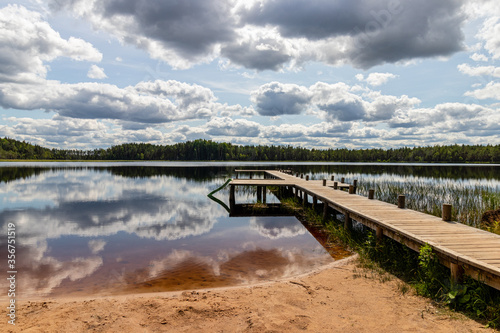 Wallpaper Mural Landscape with a swamp lake and with a wooden footbridge. Beautiful clouds and the surrounding forest were reflected in dark water. Latvia. Lake Ratnieku Torontodigital.ca