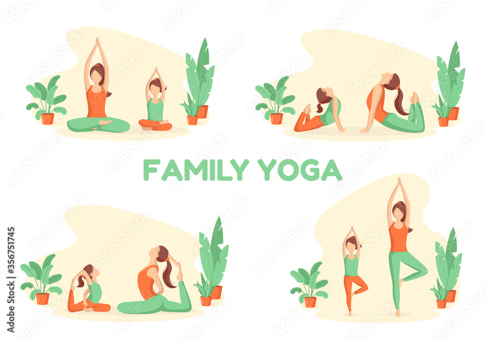 Mother and daughter do yoga. Simple asanas for children with parents. Set of vector illustrations in flat style family yoga.