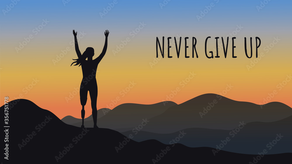 Silhouette of a girl with a prosthetic leg against the backdrop of a beautiful sunrise. A disabled woman stands on top of a mountain thanks to a modern prosthesis. Life after an injury. Never give up