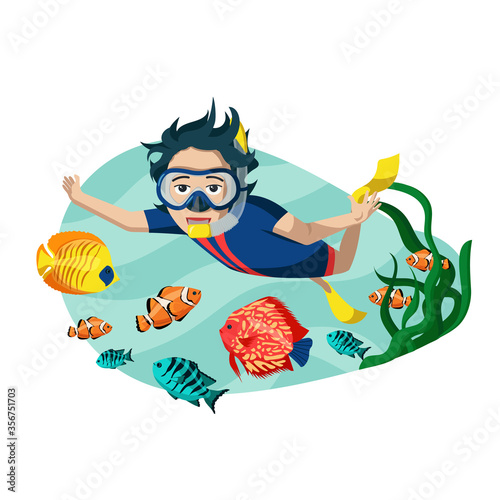 A child swims underwater with a mask among bright exotic fish. Stylish modern cartoon illustration. Without a background. you can easily paste it into any website or ad