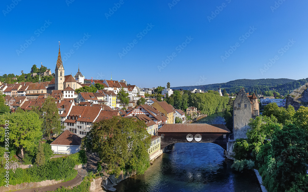 View of the old town of Baden city and river Limmat in canton Aargau, Switzerland View of the old town of Baden city and river Limmat in canton Aargau, Switzerland