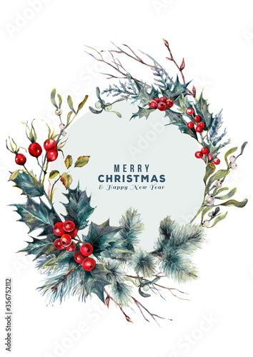 Watercolor Christmas Forest Gifts Wreath Card