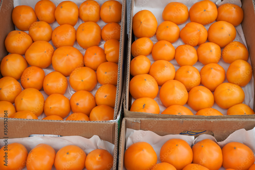 Fresh orange tomatoes in boxes