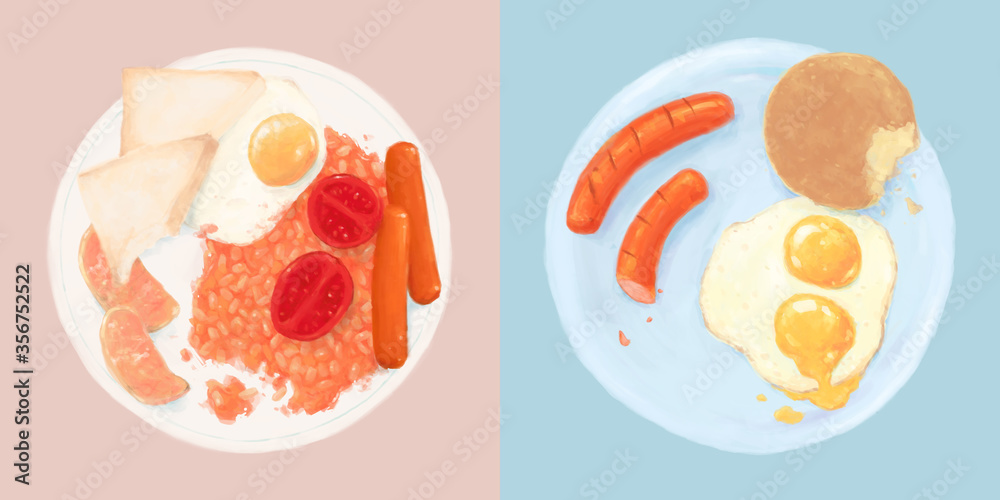 Breakfast UK and US style on circle white plate Illustration - wiith a little mess up for untidy feelings / digital watercolor, oil paint style
