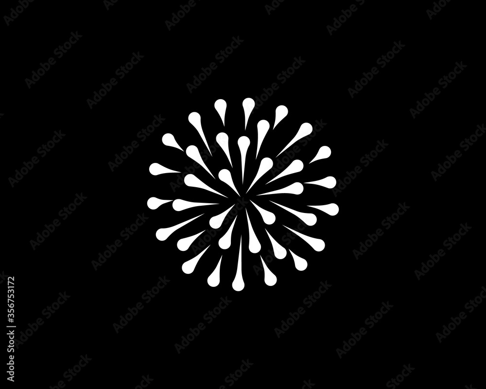 Abstract white drops circle logo icon design modern minimal style illustration. Firework 3d sphere planet direction explosion vector emblem sign symbol mark logotype.