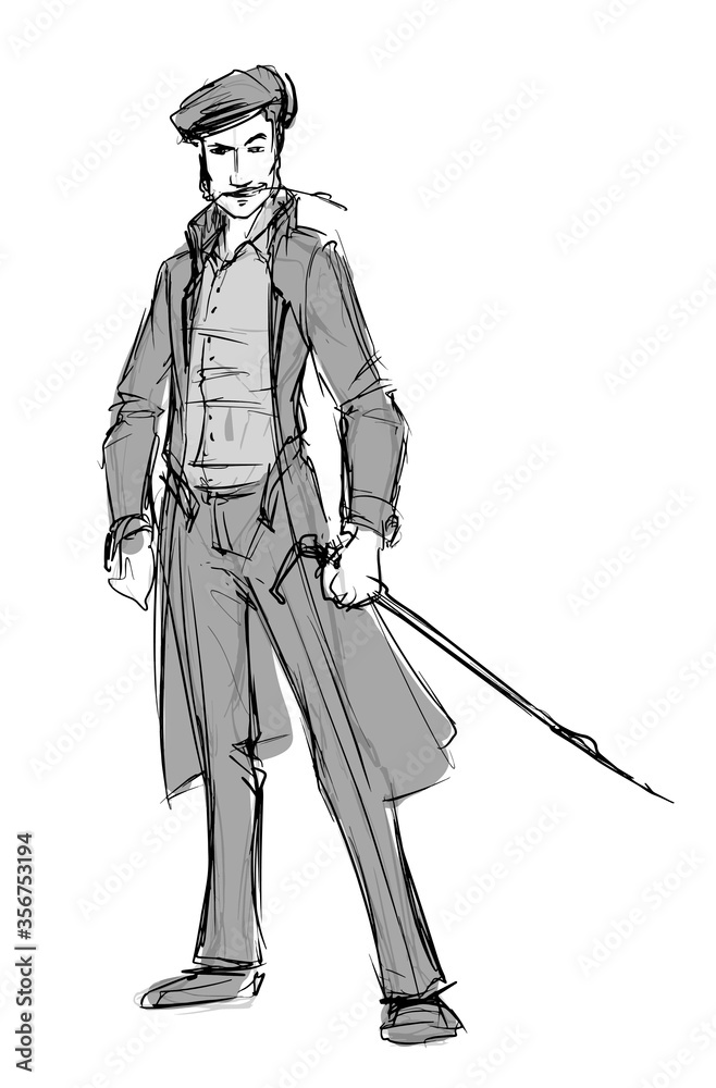 Obraz premium Graphic hand drawn smiling man in old retro cap and coat with walking stick. Sly england hooligan with wheat spike in mouth. Isolated on white background. Vector sketch.