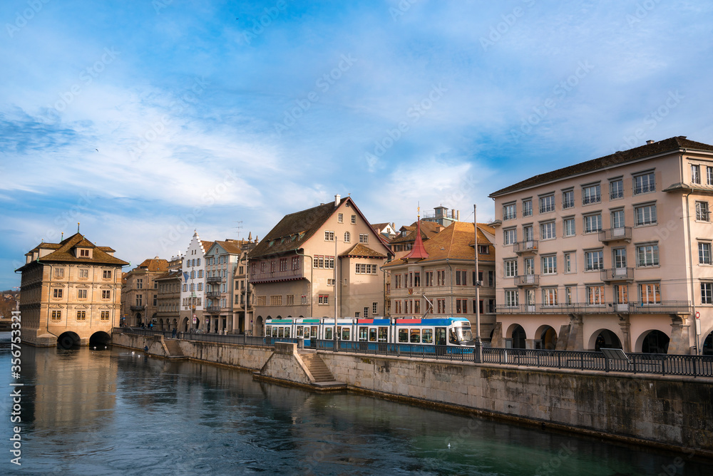 Zurich cityscape with old architecture and Limmat river at sunrise