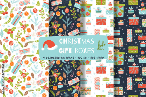 Christmas gift boxes seamless paattern set Chistmas presents wrapping paper. Santa's gifts printable paper