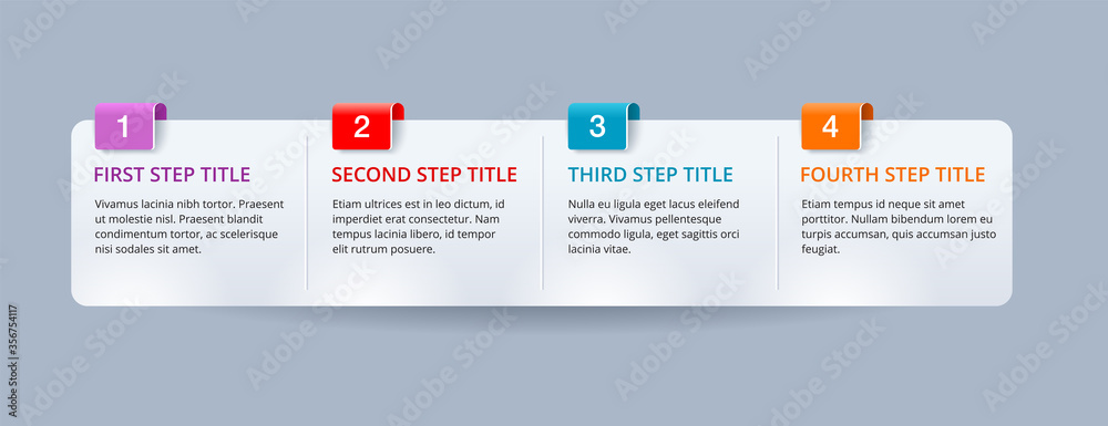 Horizontal infographics template with 5 steps for brochure, web site or presentation - vertical information with different colors for each step
