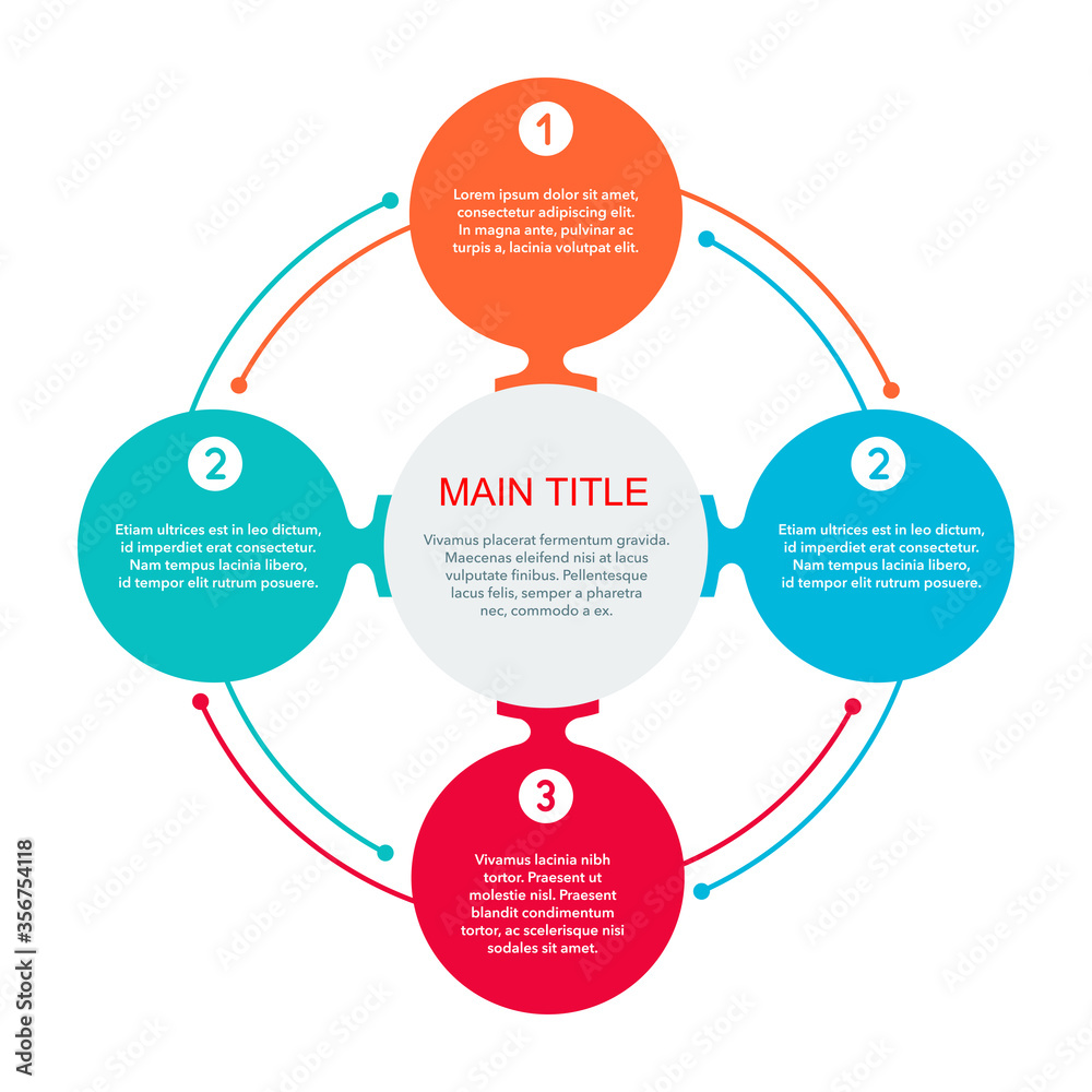 Infographic template - 4 steps (points) with colorful circular four options fragments connected to each other by lines and sample text - vector chart Infographic template - 4 steps (points) with colorful circular four options fragments connected to each other by lines and sample text - vector chart