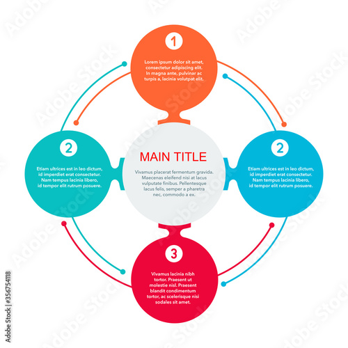 Infographic template  - 4 steps (points) with colorful circular four options fragments connected to each other by lines and sample text - vector chart