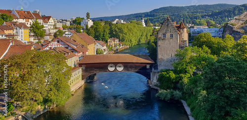 Behang View of the old town of Baden city and river Limmat in canton Aargau, Switzerlan
