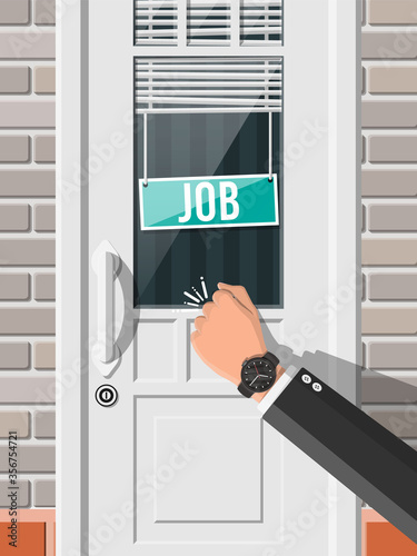 Businessman hand knocking on office door with vacancy sign. Job search. Hiring, recruiting. Human resources management, searching professional staff, work. Found right resume. Flat vector illustration