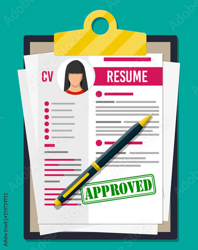 Clipboard with job application and pen. CV papers resume. Job interview. Human resources management concept, searching professional staff, work. Found right resume. Vector illustration in flat style