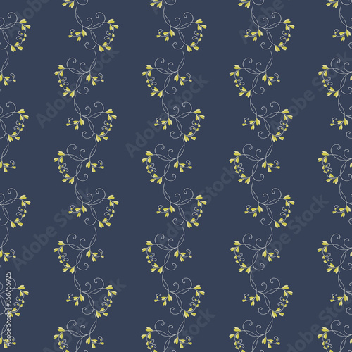 Simple vector floral seamless pattern. Subtle ornament with small leaves, curved branches, curly twigs. Abstract vintage background. Liberty style millefleurs. Minimal repeat design for wallpapers