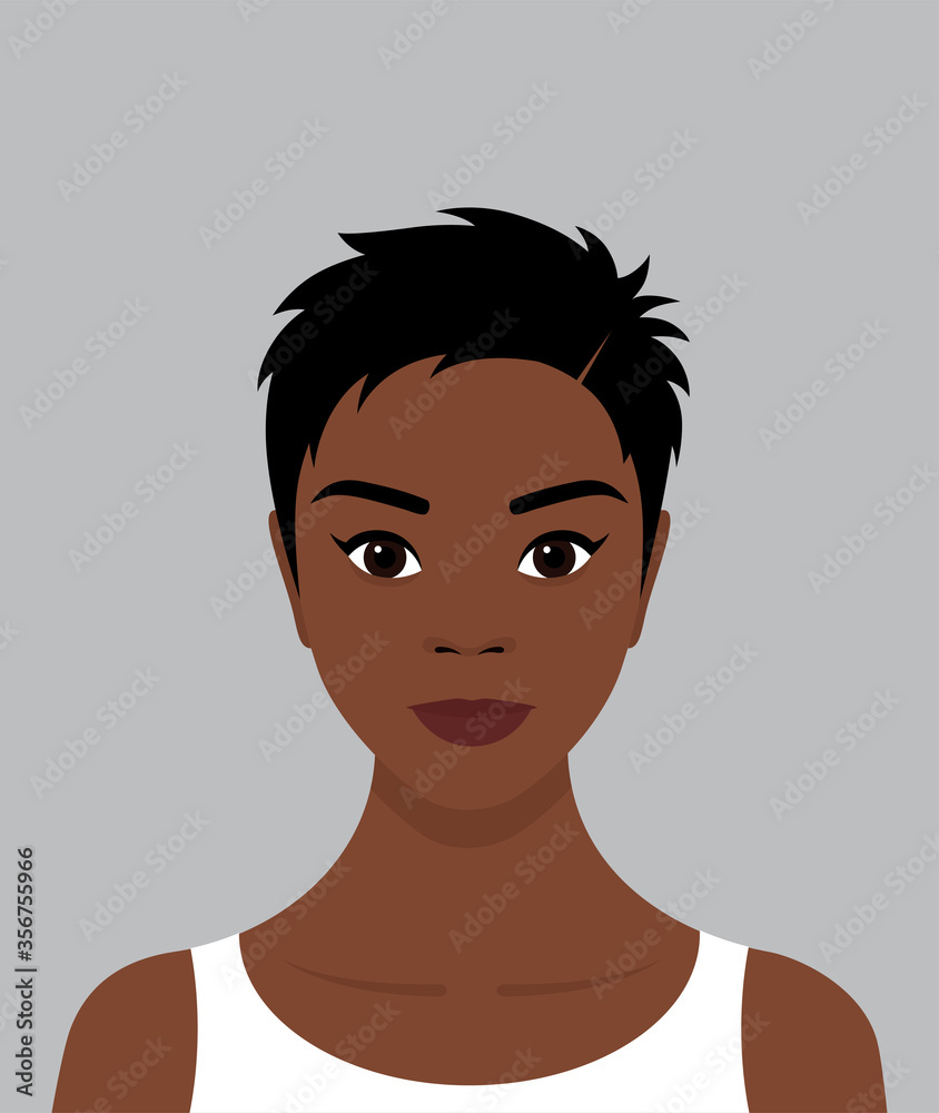 Portrait of a young black African girl with short black hair and a smile on her face. Avatar for social networks. Vector flat stock illustration. 