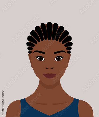 Portrait of a young black African-American woman with dreadlocked braids on her head. The girl smiles. Avatar for social networks. Vector stock flat illustration