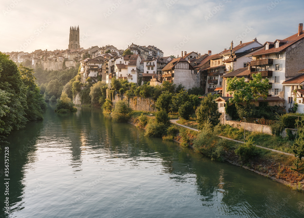 View of the historic architecture and the river Sarine in Fribourg - Switzerland