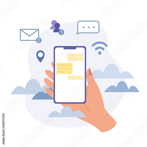 Female hand holding cell phone and chatting. Email, contacts, text message, network, navigation icons. Communication concept in blue colors on white background. Flat design vector
