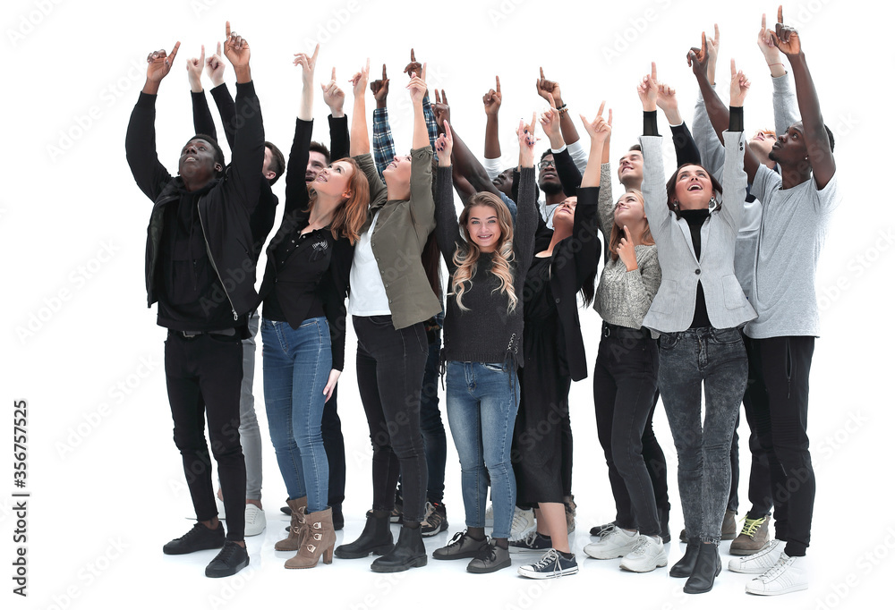 Obraz premium Casual group of excited friends with arms up isolated on white