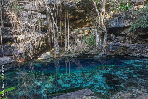 Uxmal  Mexico  Cenote X-Batun. A cenote is a natural pit  or sinkhole  resulting from the collapse of limestone bedrock that exposes groundwater underneath.