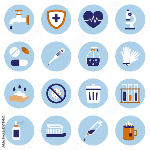 Health and Sanitation Icon Set, Cleanness, Infections Prevention. Vector illustration.